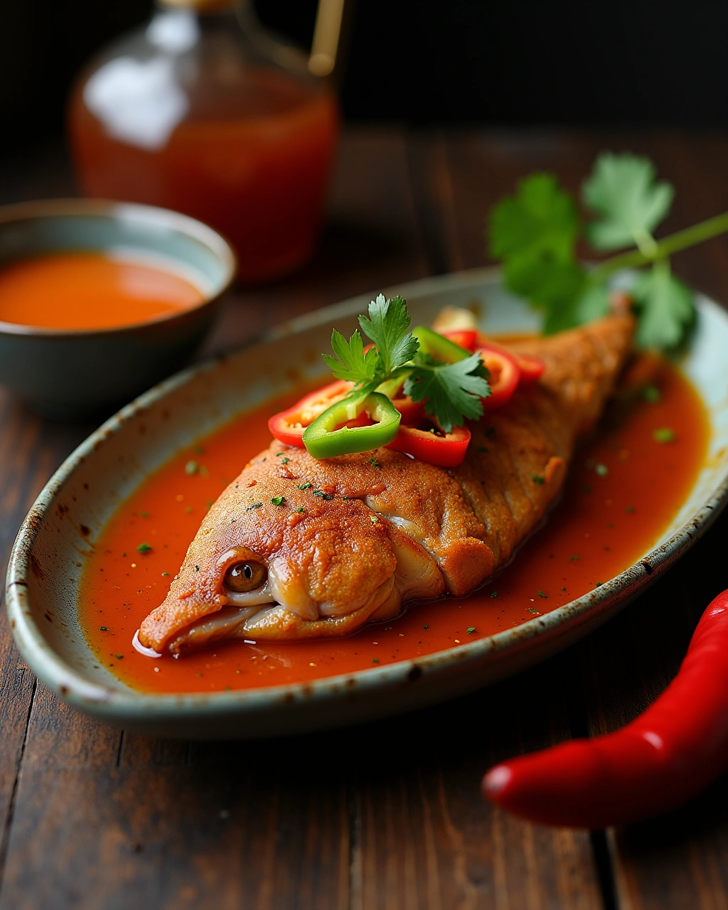 Whole fried fish with chili sauce